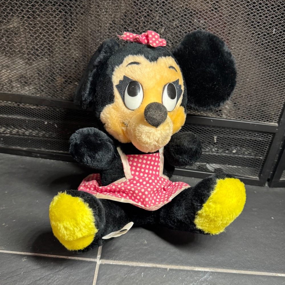 Vintage Disney Minnie Mouse Plush Pink Polka Dot Dress Walt Disney World 9in